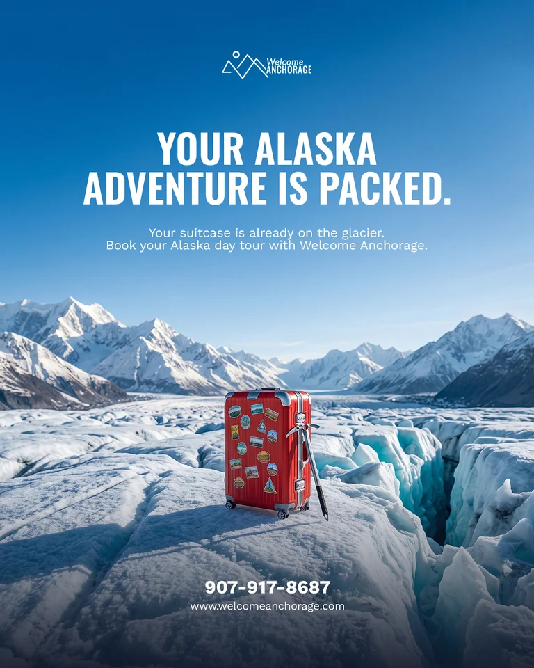 Welcome Anchorage Tours social ad showing a glacier under a blue sky