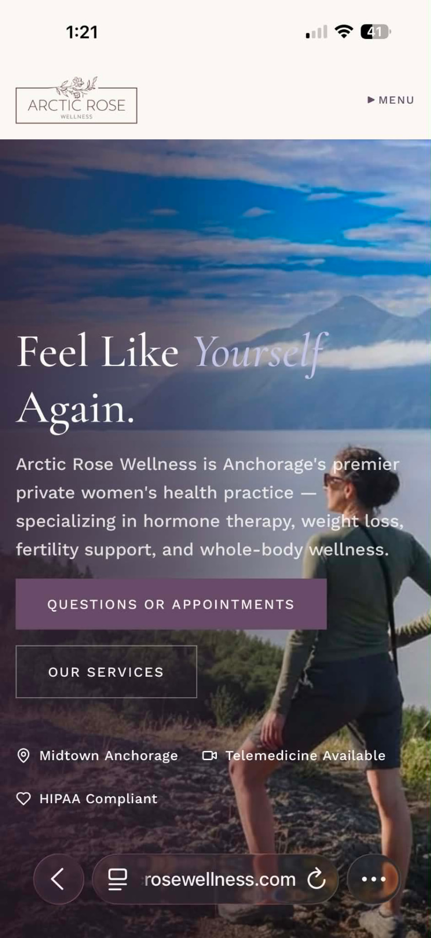 Arctic Rose Wellness website, mobile view