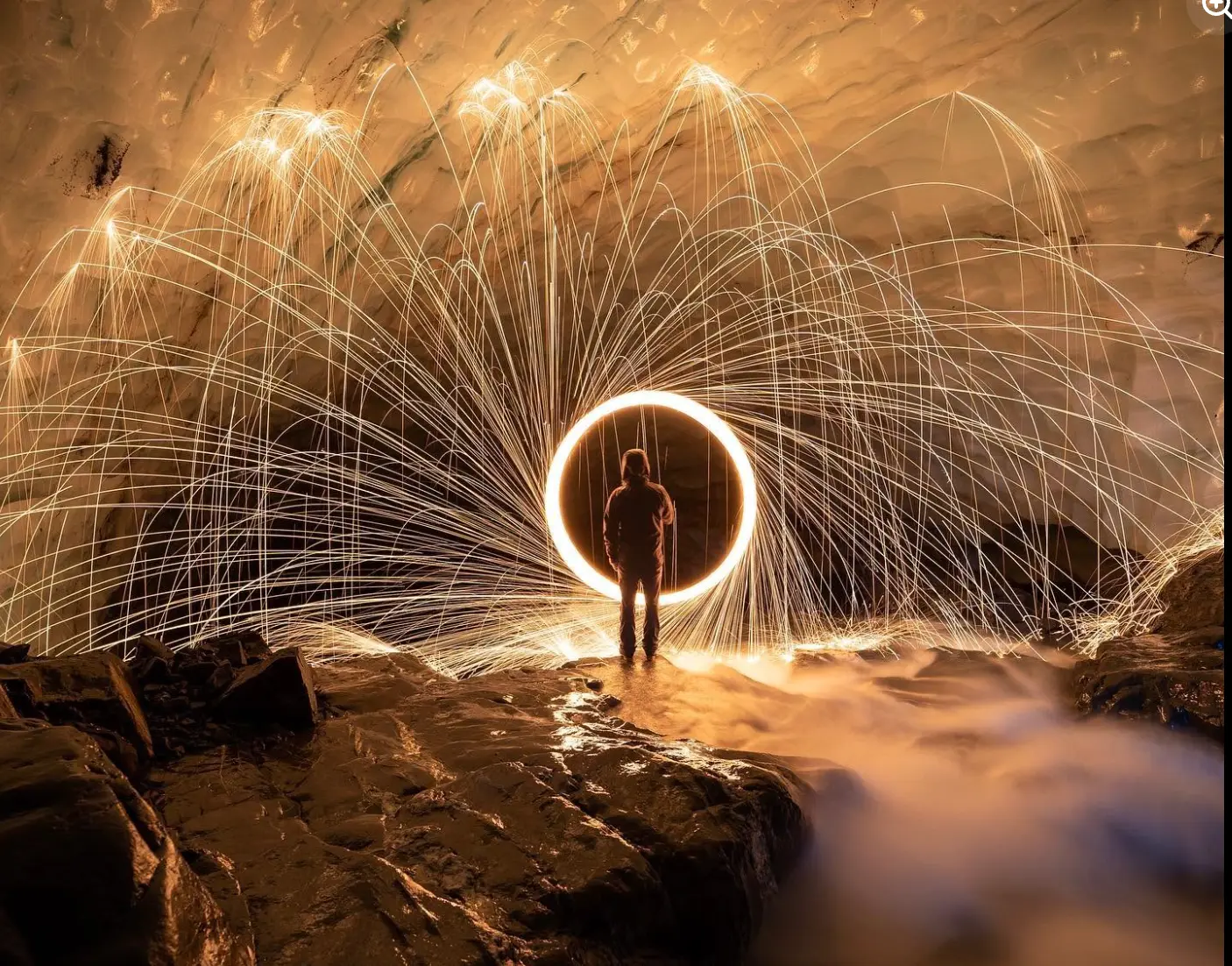 Sparks lighting up an Alaska ice cave