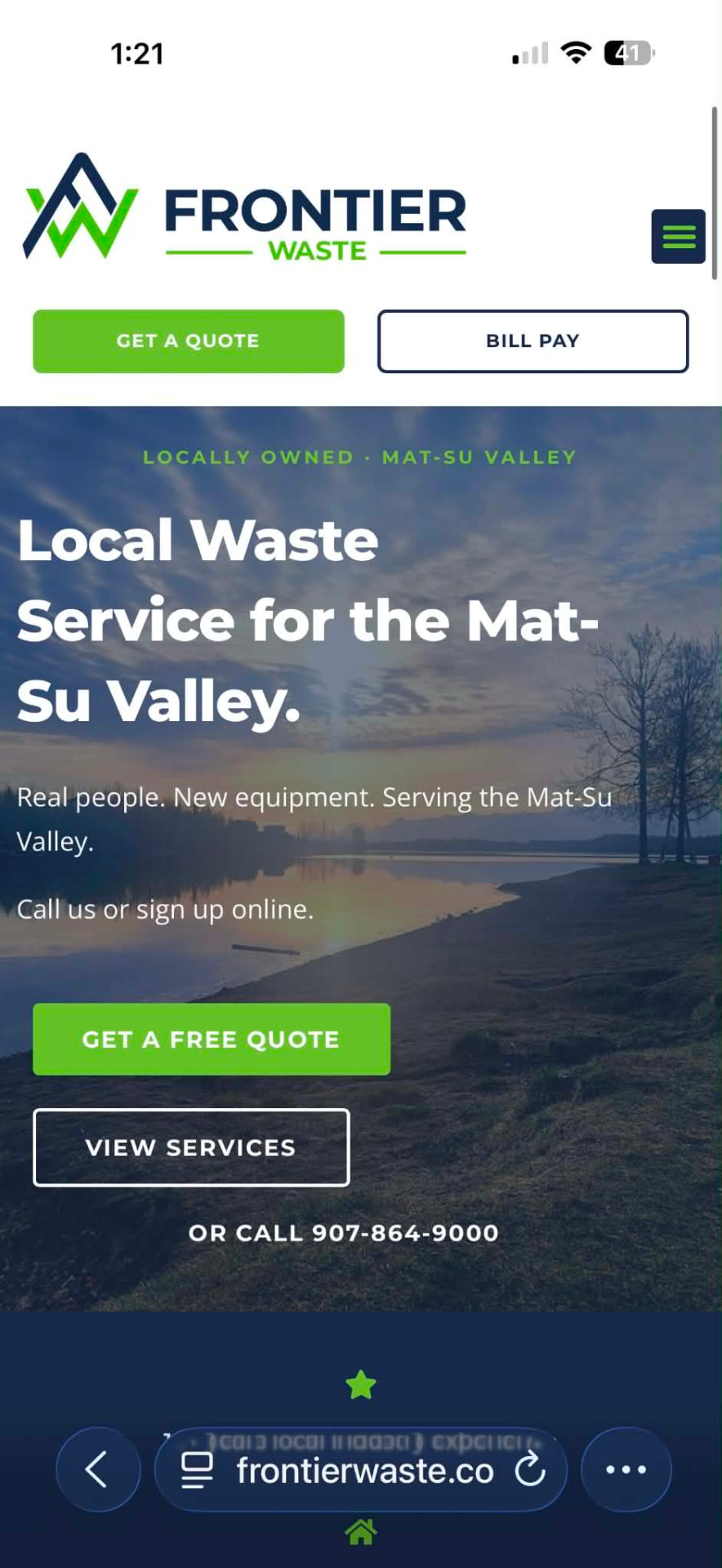 Frontier Waste website, mobile view