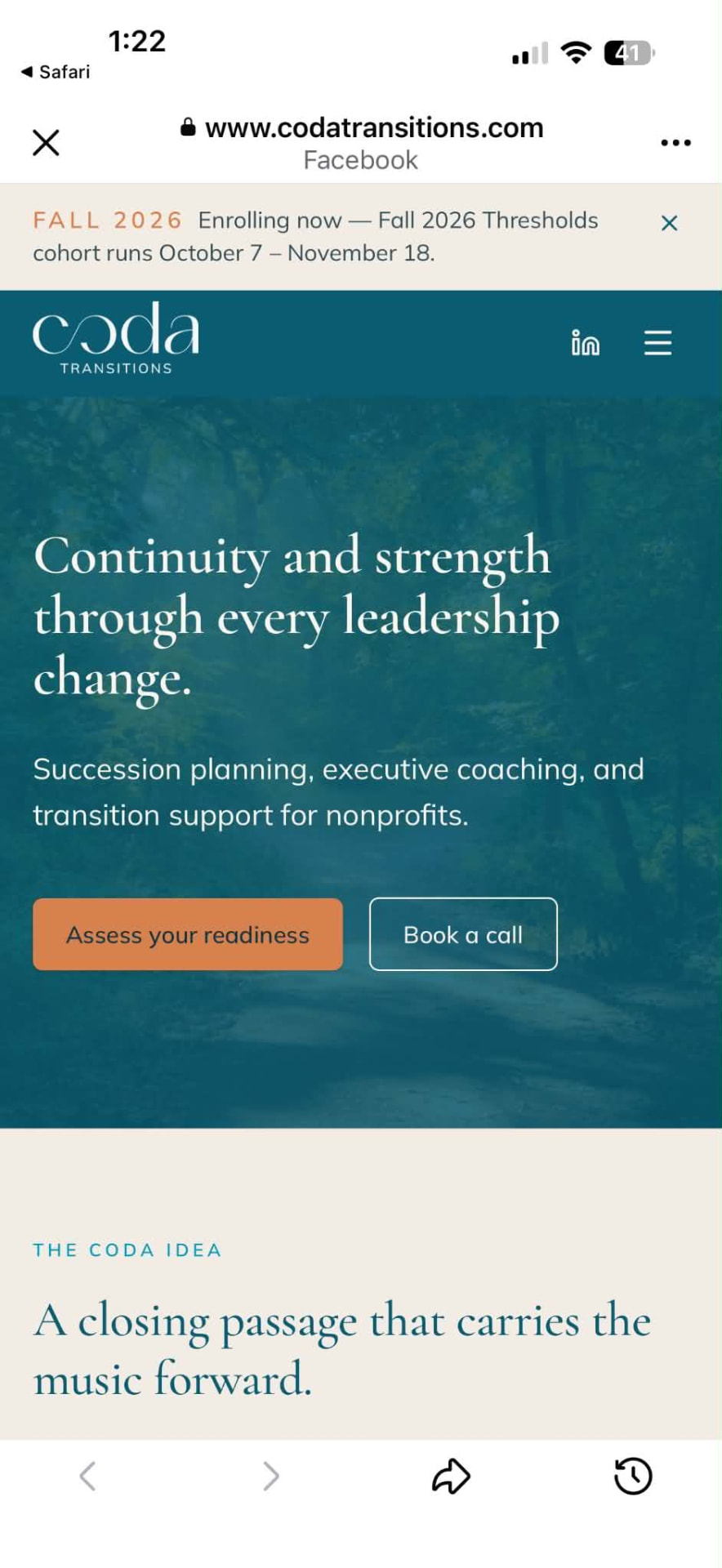 Coda Transitions website, mobile view